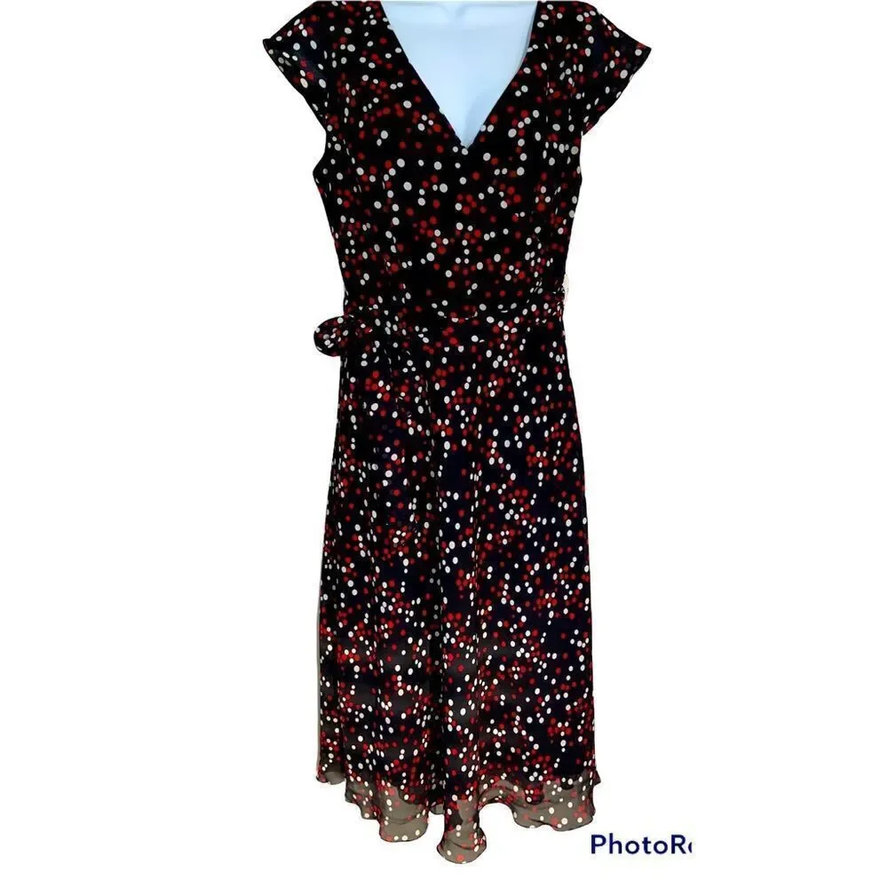 Jonathan Martin Black Polka Dot V-Neck Multicolor Midi dress Size 10